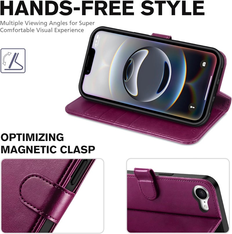 TUCCH Case Wallet for iPhone 16e, Kickstand PU Leather Magnetic Protective Flip Cover with [RFID Blocking] [4 Card Slots] [TPU Interior Case] Compatible with iPhone 16e 6.1", Plum Purple - Image 4